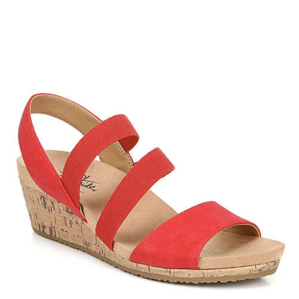 Life Stride Marina Red Strappy Cork Wedge Sandals Women's Size 7W